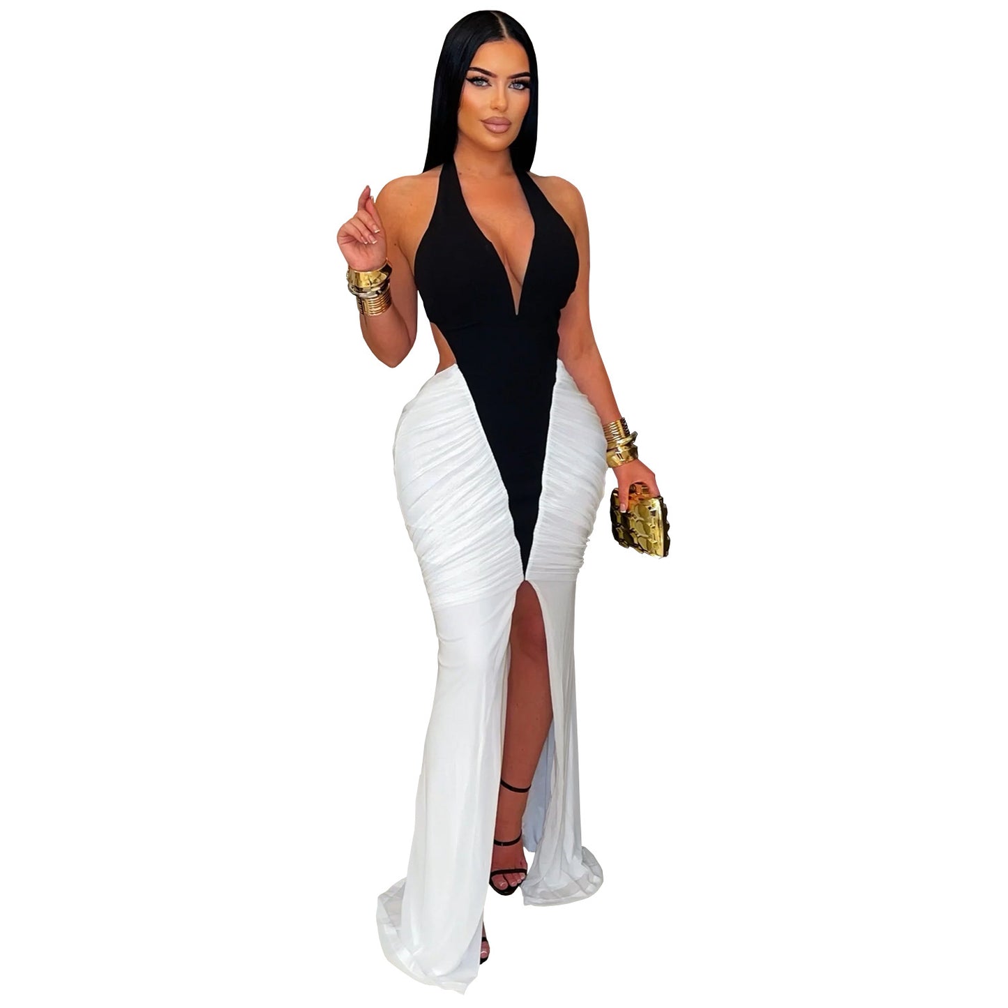 XYZ C7573v collar arm covering split backless dress
