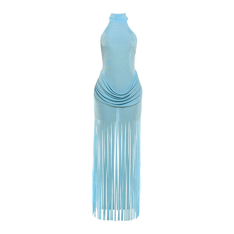 SXR winter fashion tassel Design Pure color halter backless dress