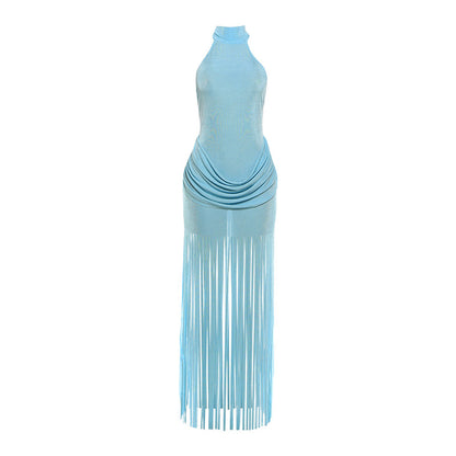 SXR winter fashion tassel Design Pure color halter backless dress