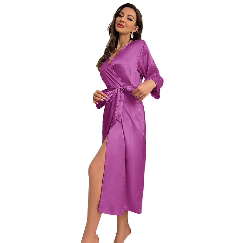 DNL emulation silk nightgown women's long sleeve long tie bathrobe morning gowns