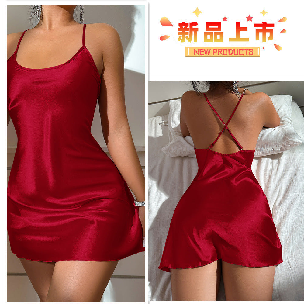 DNL backless Ice Silk suspender skirt pajamas short skirt women's artificial silk nightdress