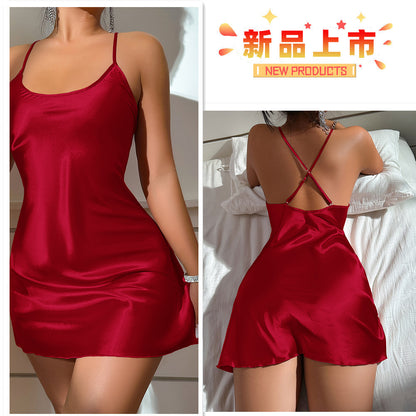 DNL backless Ice Silk suspender skirt pajamas short skirt women's artificial silk nightdress