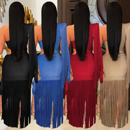 XYZ C7428 casual shoulder tassel maxi dress