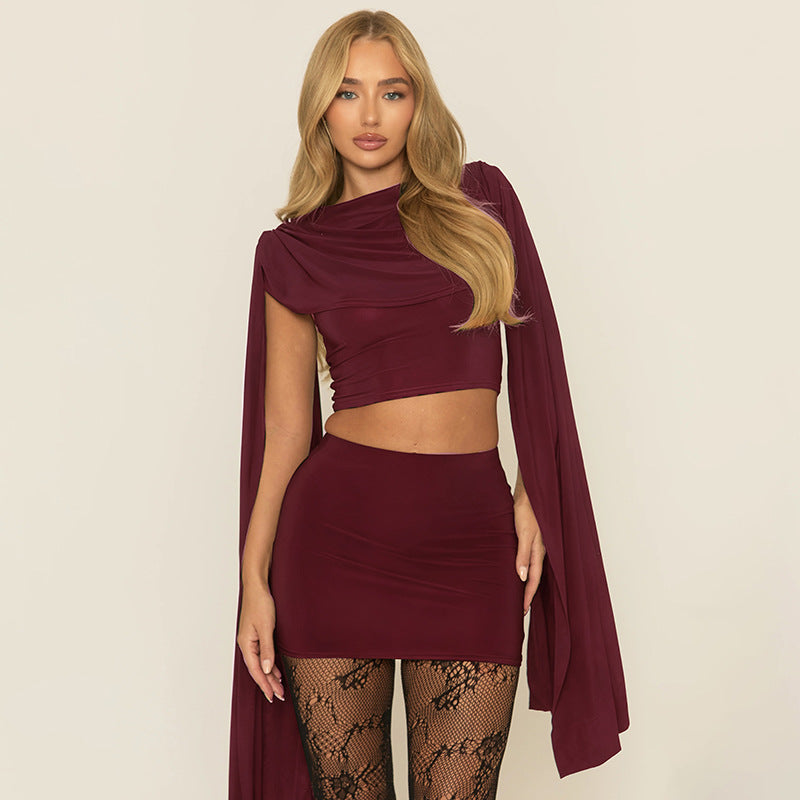 DZHT C25ST414 swing collar design shawl pleated top and skirt suit