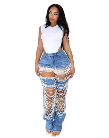 MZ (S-2XL) MZ88586 ripped pearl chain decorative jeans