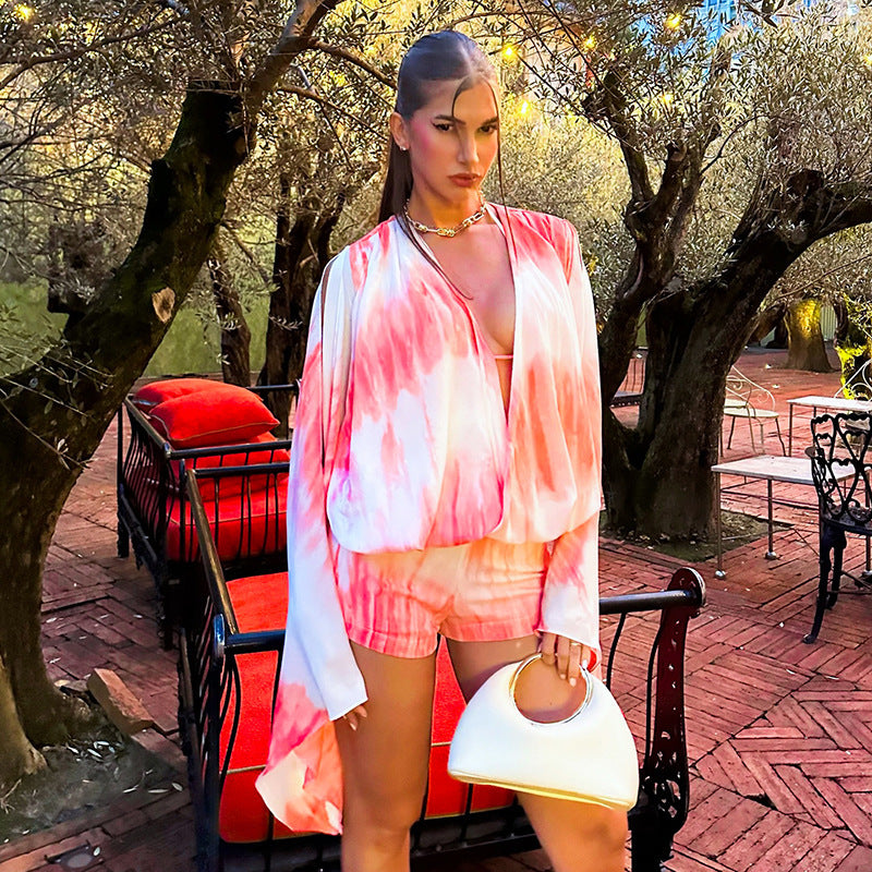 DZHT D26ST156 tie-dye printed large bell sleeve slit top and shorts two-piece suit