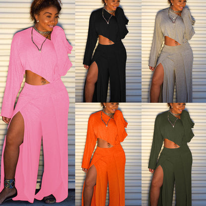 GY (S-3XL) K8747 shoulder long sleeve casual slit blouse and pants club wear