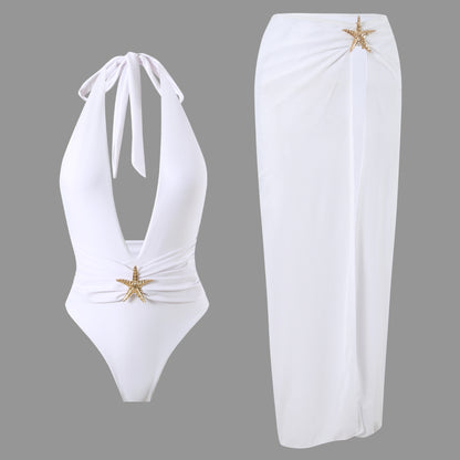 (4 days ready to ship) SY one-piece split dress mesh halter bikini