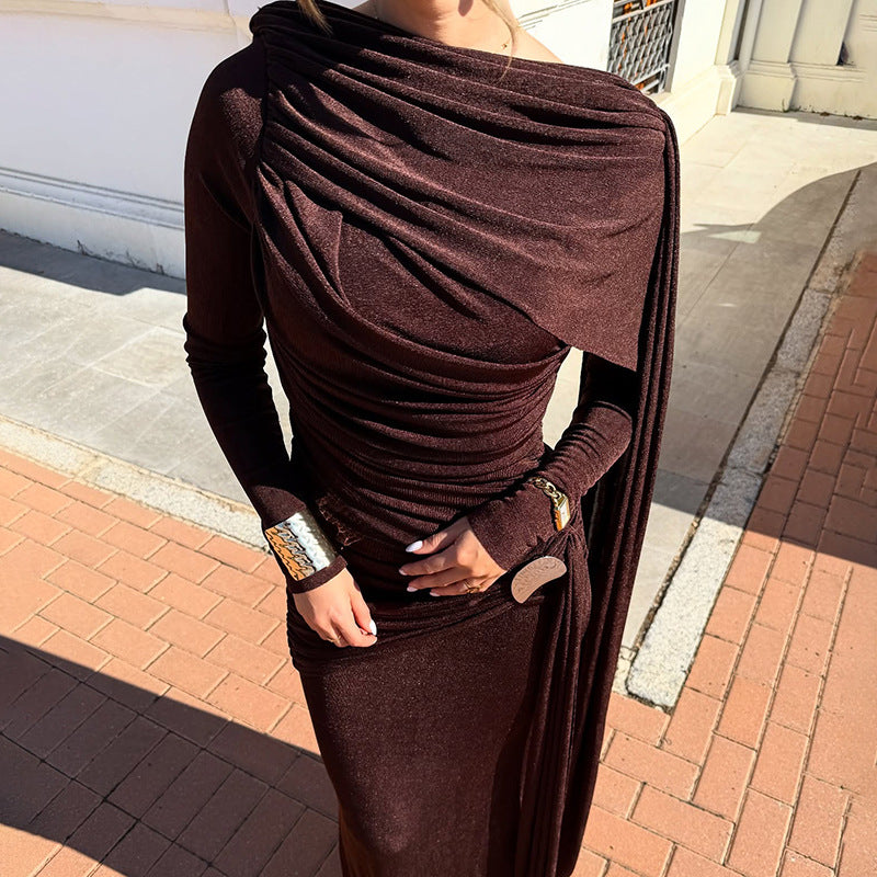 SXR autumn and winter fitted waist pleated ribbon solid color dress