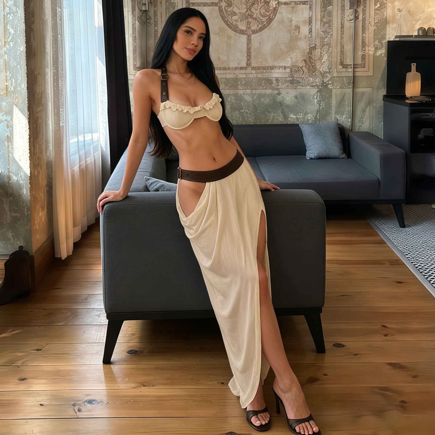 SXR K6S04938A spring PU sexy halter navel slit dress suit