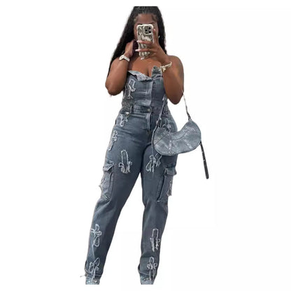 MZ (S-2XL) tube top embroidered MZ88590 cross tube top stretch one-piece trousers