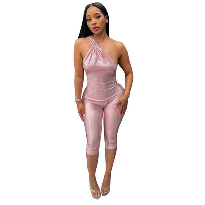 DZHT D26JP189 bronzing slant shoulder bare back tight hot girl cropped jumpsuit
