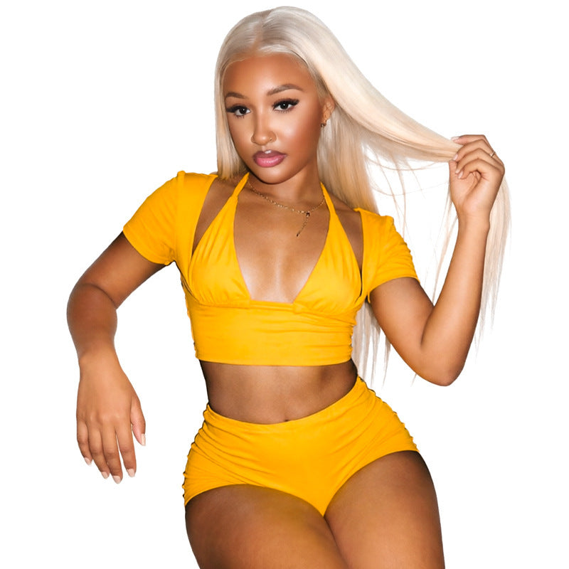 DZHT J26ST312 low collar short sleeve halter lace-up suspender tight shorts three-piece suit