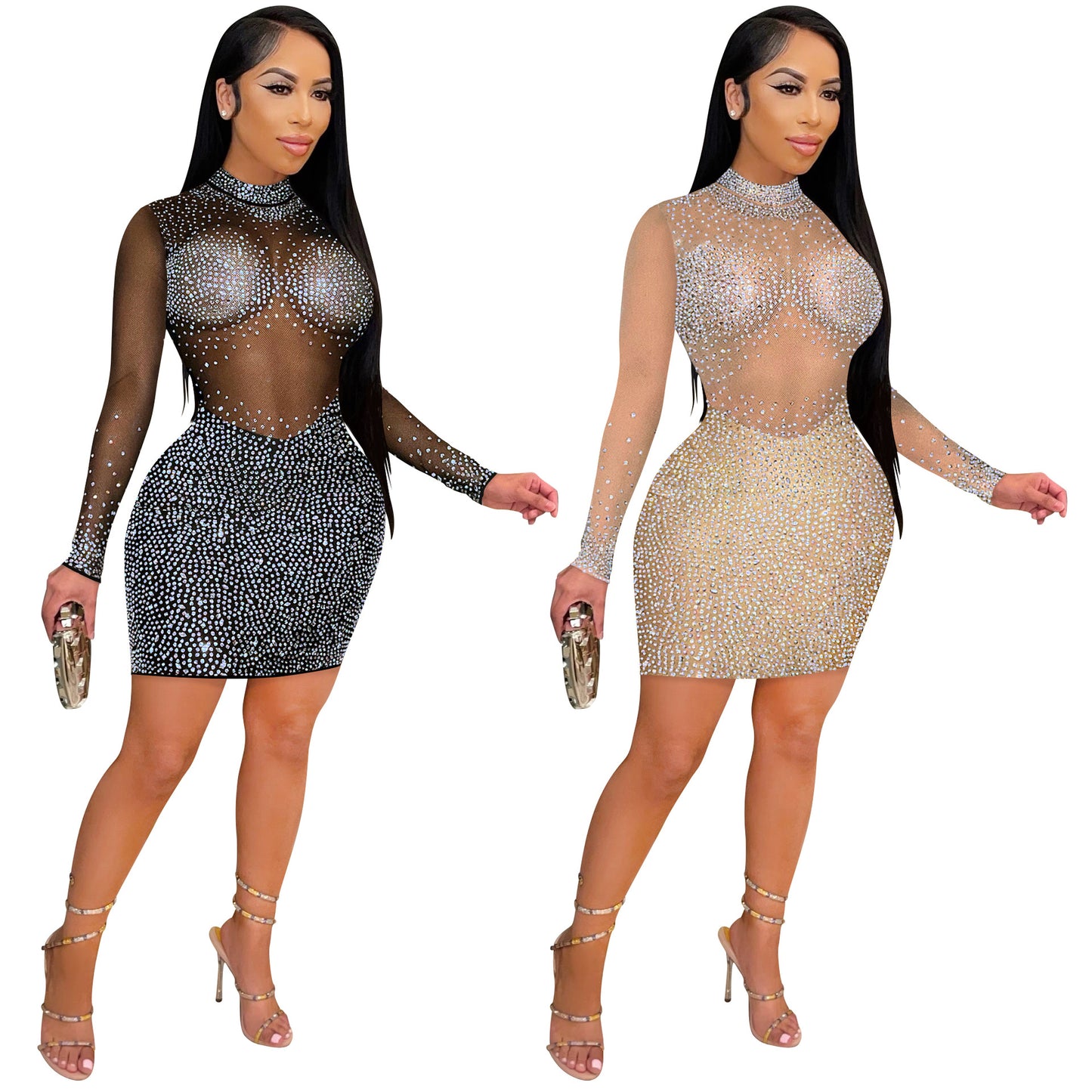 XYZ C5890 nightclub rhinestone mesh see-through long sleeve dress