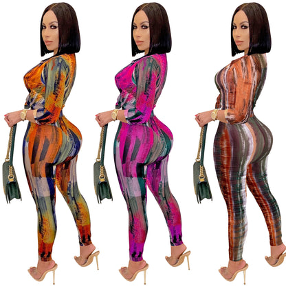 XYZ Digital printed V-neck long-sleeved trousers two-piece set