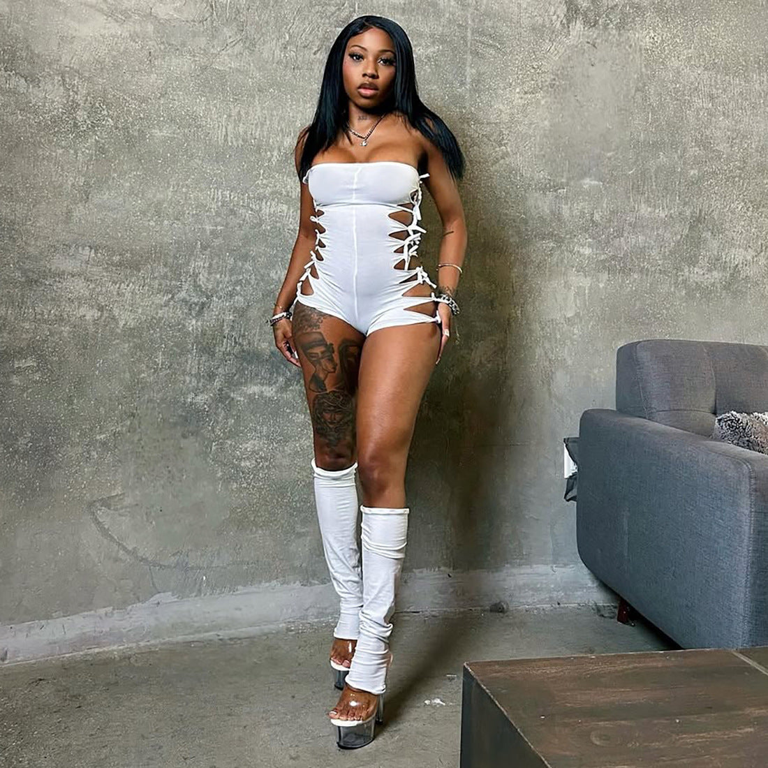 DLS summer hollow out strap sexy tube top jumpsuit all-matching leggings suit
