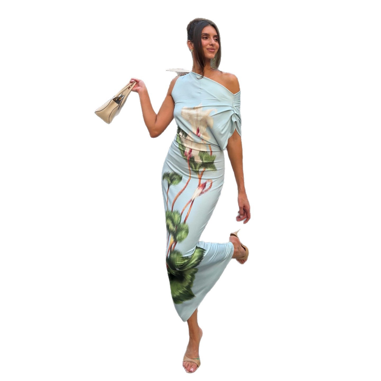 DLS summer crossbody collar waist slimming printed sheath dress