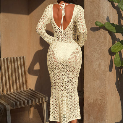 CYB knitted backless metal ring lace-up blouse beach sun shield Hanfu long robe