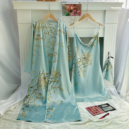 DNL printed small cherry emulation silk nightgown Ice Silk suspender skirt nightdress