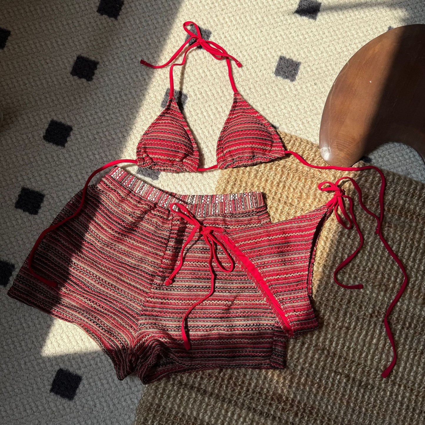 (4 days ready to ship) SY halter bikini knitted contrast color beach shorts three-piece set