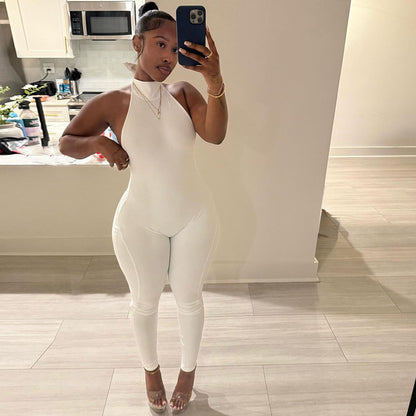 SXR autumn and winter backless halter lace-up hip raise skinny jumpsuit