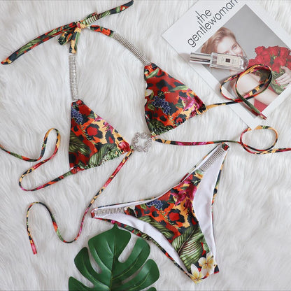 Sexy lace-up luxury rhinestone bikini tropical flowers
