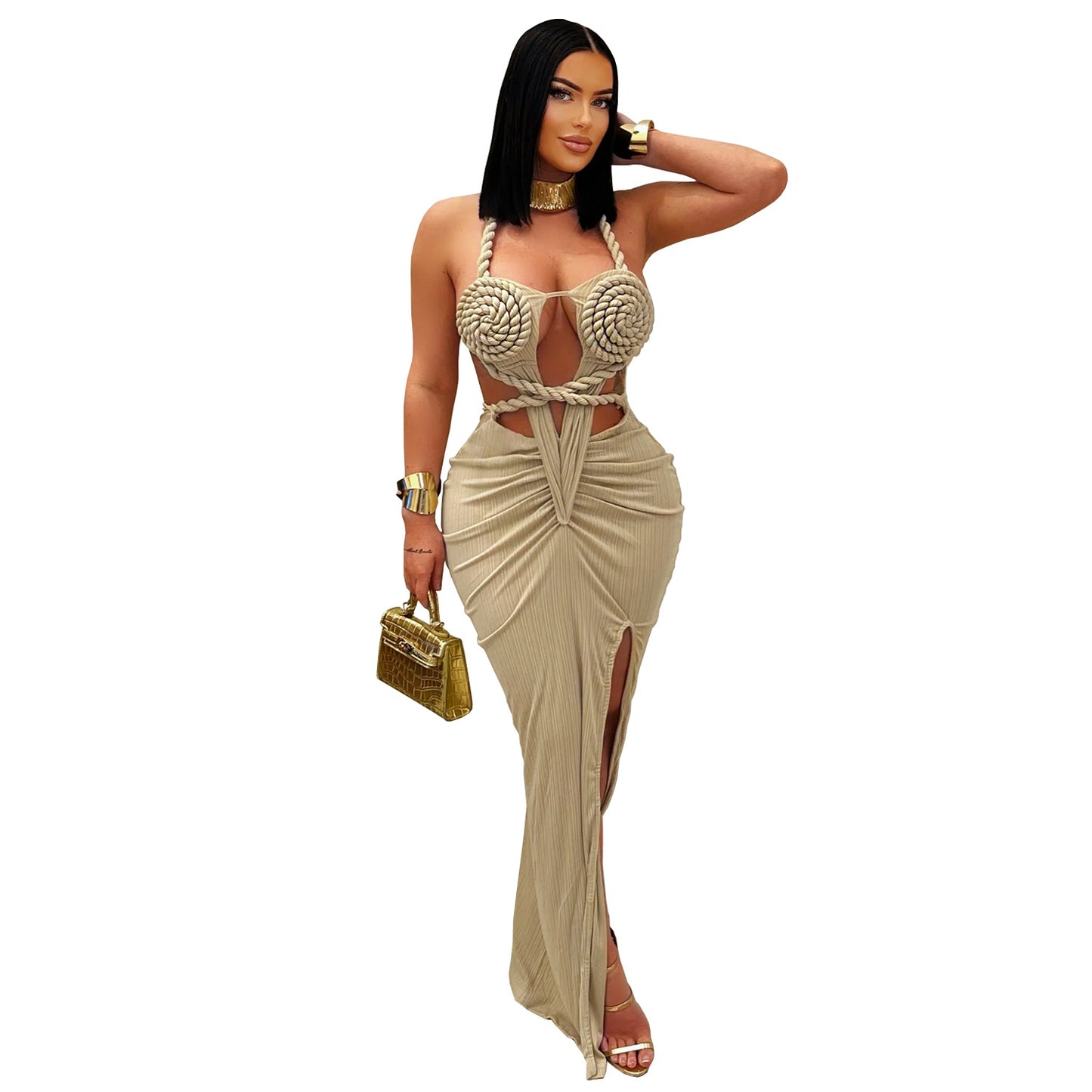 XYZ C7407 knitted halter backless dress