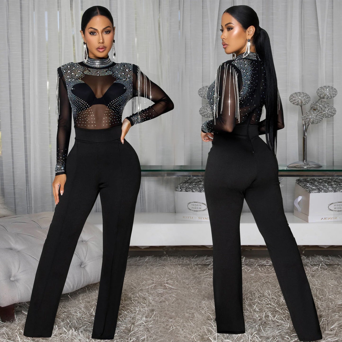 XYZ C7579 sheer mesh hot drilling long sleeve jumpsuit