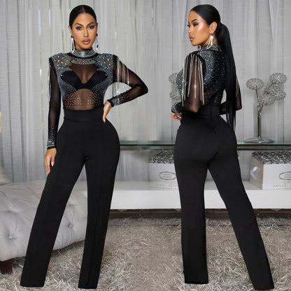XYZ C7579 sheer mesh hot drilling long sleeve jumpsuit