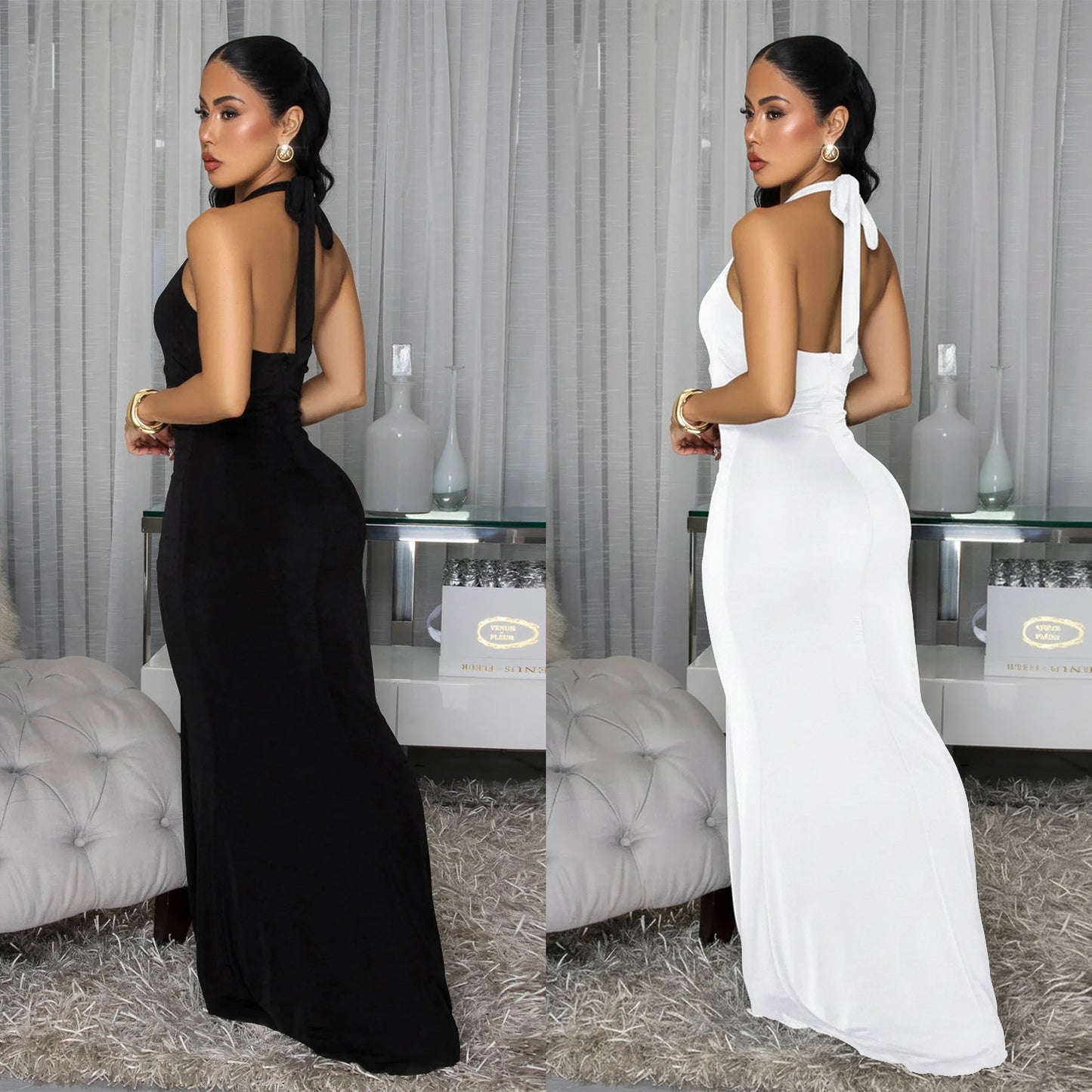 XYZ C7599 backless halter deep V dress