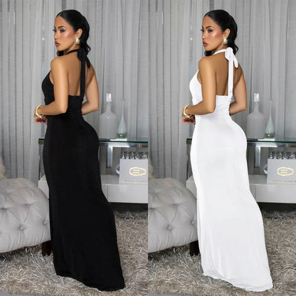 XYZ C7599 backless halter deep V dress