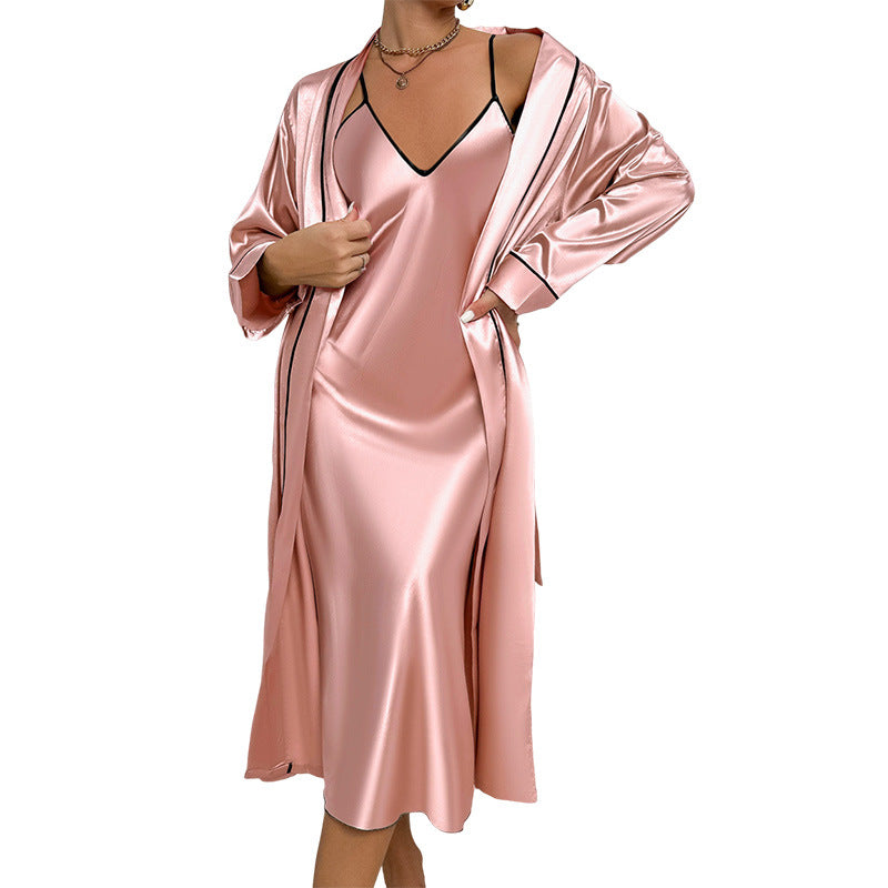 DNL Ice Silk Robe Women's artificial silk cardigan lace-up suspender skirt outerwear gown suit