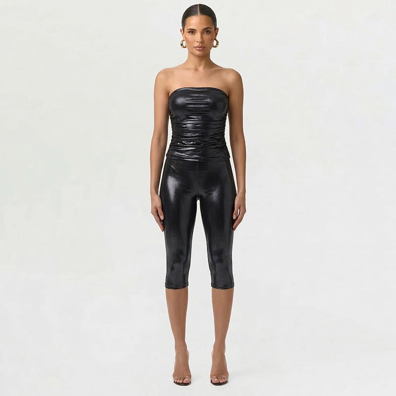 DZHT J26ST113 Spring/Summer Bronzing tube top tight cropped pants two-piece suit