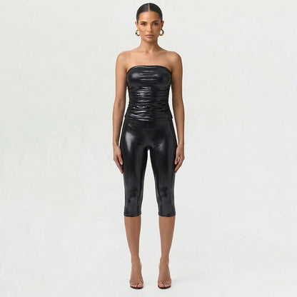 DZHT J26ST113 Spring/Summer Bronzing tube top tight cropped pants two-piece suit
