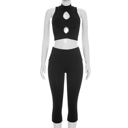 DZHT J26ST187 pure color half collar hollow out short vest double lining cropped pants two-piece set