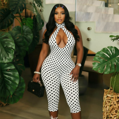 DZHT D26JP260 polka dot halter ribbon bare back tight cropped jumpsuit