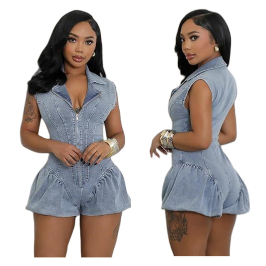 MZ (S-2XL) denim jumpsuit MZ88652 sleeveless stretch jumpsuit lantern shorts