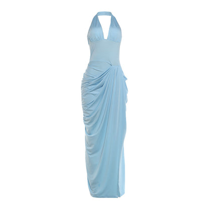 DLS summer halter backless pleated high slit sheath dress