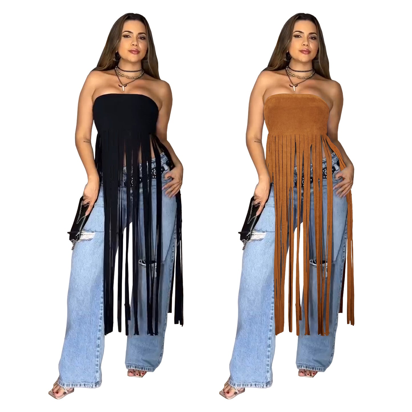 XYZ C7436 deerskin velvet tube top tassel dress