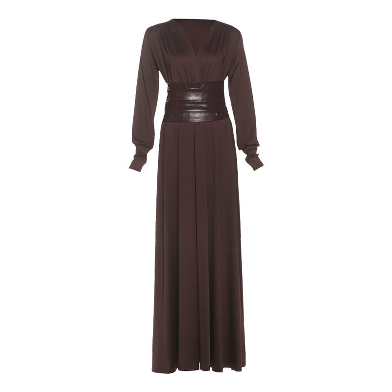 SXR autumn and winter French retro waist seal V-neck long sleeve loose dress