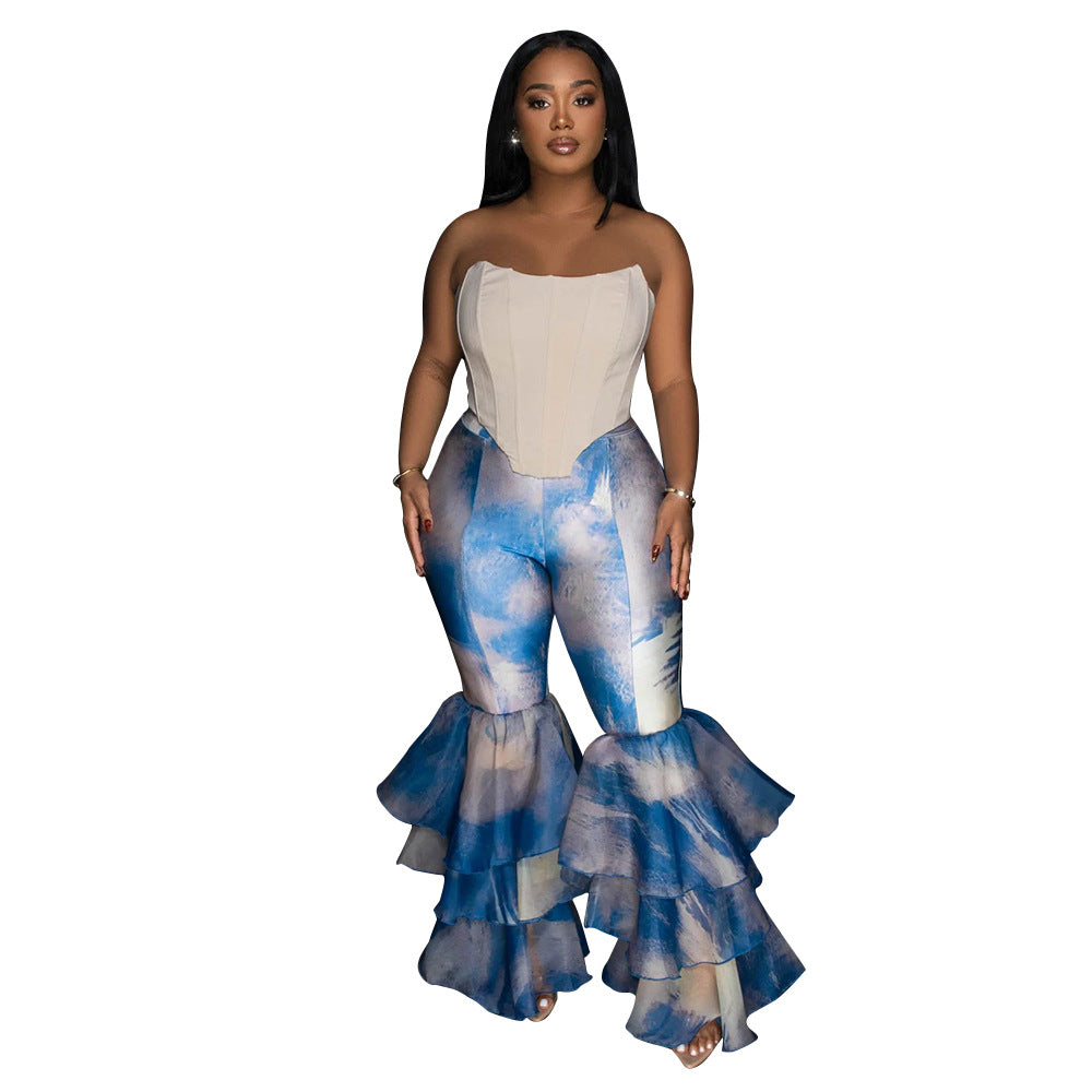 MYF (S-2XL) K10744 tie-dyed printed bell-bottom pants ruffled women's pants