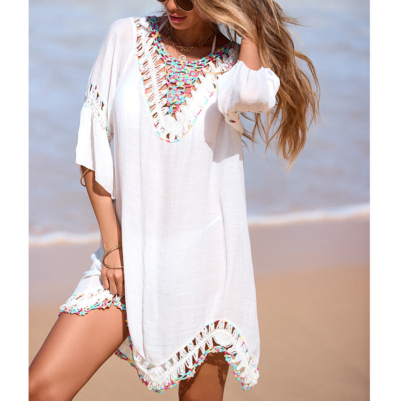CYB color V-neck hand crocheting stitching irregular skirt mid-length sleeve backless lace up blouse