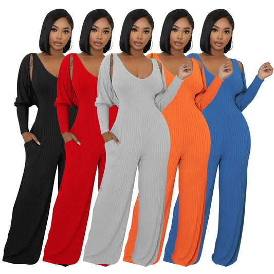 MYF (S-2XL) K10794 sunken stripe long sleeve vest jumpsuit