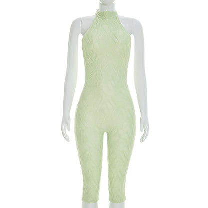 DZHT J26JP089 solid color turtleneck backless cropped tight jumpsuit