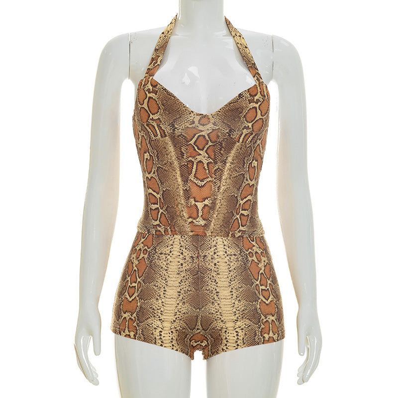 DZHT C26ST073 snake print halter top tight shorts suit