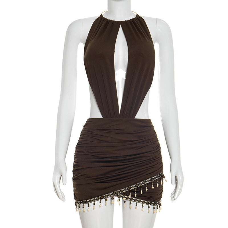 DZHT D26DS005 bohemian halter bare back tight jumpsuit skirt
