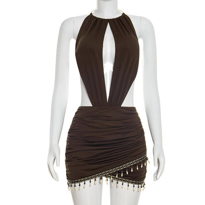 DZHT D26DS005 bohemian halter bare back tight jumpsuit skirt