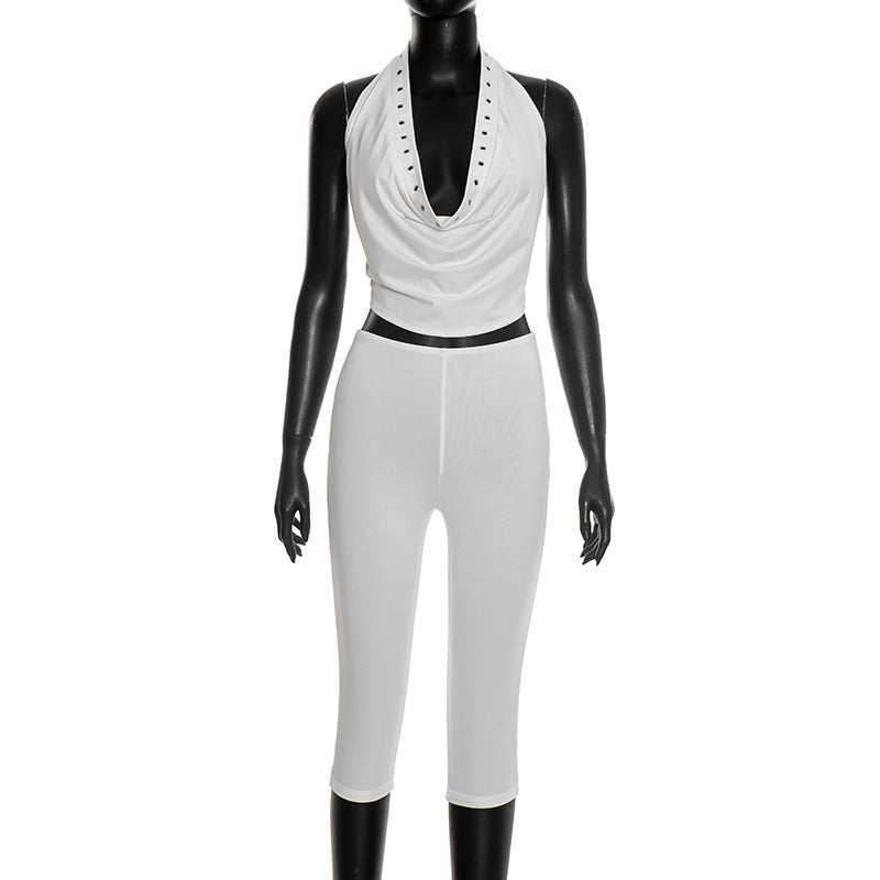 DZHT J25ST484 hollow-out decorative halter top cropped pants suit