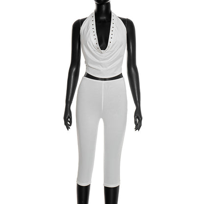 DZHT J25ST484 hollow-out decorative halter top cropped pants suit