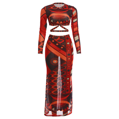 DLS summer printed long-sleeved o-neck short top hip skirt suit